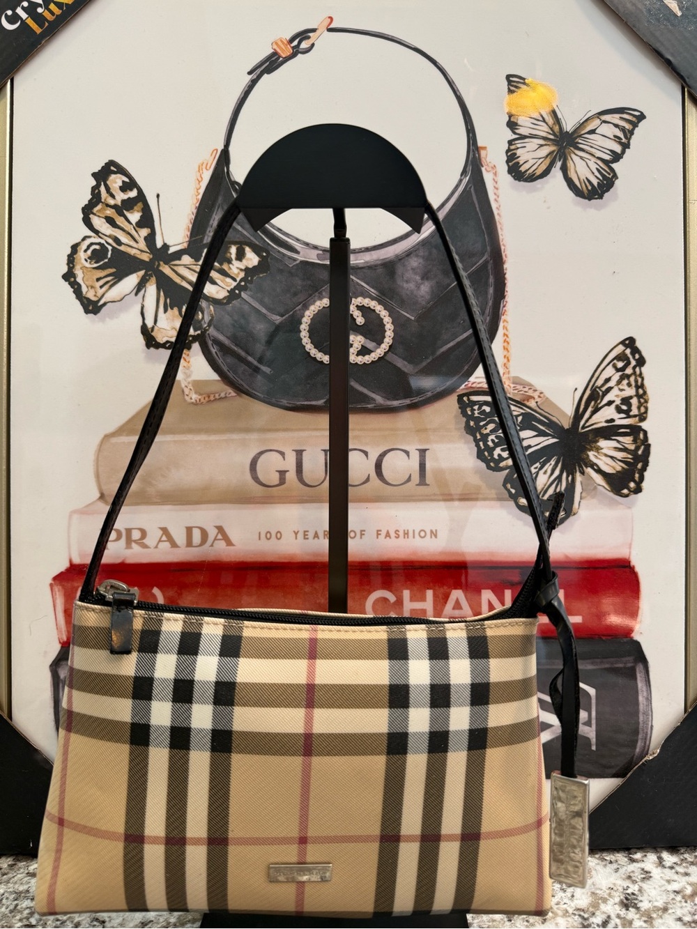 Burberry Beige Plaid Shoulder Bag with Black Strap